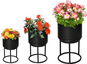 Outsunny 3er Set Blumenständer mit Blumentopf aus Metall Pflanzenständer Set Blumenhocker Blumentopfhalter Pflanzenhocker Schwarz