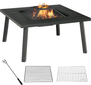 Outsunny Feuerschale Feuertisch mit Schürhaken Funkenschutz Feuerkorb Feuerstelle für Garten Camping BBQ Stahl Schwarz 81 x 81 x 53 cm