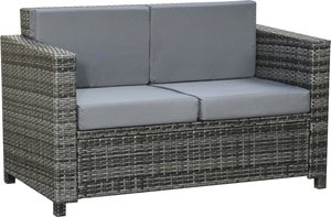 Outsunny Poly-Rattan Sofa mit Kissen 2-Sitzer Garten Loungesofa Metall Polyester Grau 130 x 70 x 80 cm