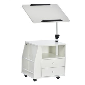 HOMCOM mobiler Beistelltisch drehbarer Nachttisch Schreibtisch aus Holz Sofatisch Laptoptisch Couchtisch mit Schubladen Höhenverstellbar Weiß