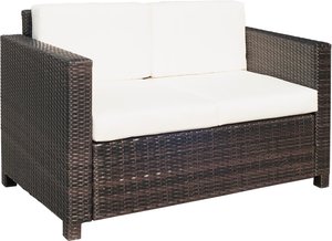 Outsunny Poly-Rattan Sofa mit Kissen 2-Sitzer Garten Loungesofa Metall Polyester Braun+Weiß 130 x 70 x 80 cm