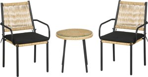 Outsunny Gartensitzgruppe für 2 Personen, Rattanoptik, runder Tisch, zwei Stühle, inkl. Sitzkissen, Sandfarbe