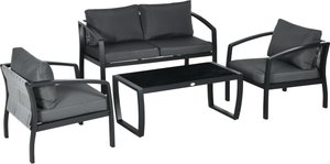 Outsunny Gartenmöbel-Set für 4 Personen, 1 Glastisch, 1 Sofa, 2 Sessel, wetterbeständig, Grau +Schwarz