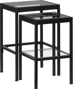 HOMCOM Couchtisch-Set, 2er-Set Beistelltisch, Satztisch mit Glastischplatte, Sofatisch Nachttisch Kaffeetisch mit Stahlrahmen, Schwarz