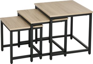 HOMCOM Couchtisch 3er-Set Beistelltisch, Satztisch mit Stahlrahmen, Sofatisch im Industriedesign, Kaffeetisch, Wohnzimmertisch mit Holzoptik, Natur