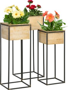 Outsunny 3er-Set Pflanzenständer, Quadratischer Pflanzenhocker für Künstliche Blumen, Blumenkästen mit Metallbeine, Pflanzenregal, Tannenholz, Natur