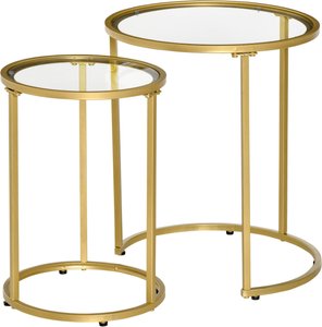 HOMCOM Beistelltisch-Set, 2er-Set Stapelbare Couchtische, Runder Sofatisch, Satztisch mit Glastischplatte, Kaffeetisch, Metall, Gold