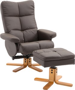 HOMCOM Relaxsessel mit Hocker und Stauraum Fernsehsessel mit Liegefunktion 360° drehbarer Sessel PU Holzgestell Braun 80 x 86 x 99cm