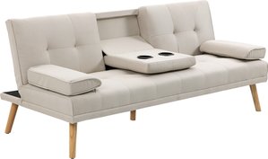 HOMCOM Schlafsofa, 3-Sitzer-Sofa, Bettsofa mit Klappbarem Tisch, Stoffsofa mit Leinenoptik, im Skandi-Design, bis 250 kg Belastbar