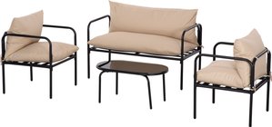 Outsunny 4-tlg. Gartenmöbel-Set, Gartengarnitur mit 2 Sesseln, 1 Couchtisch aus Hartglas, 1 Zweisitzer, Sitzgruppe mit Kissen, Stahl, Khaki