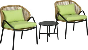 Outsunny 3-teilige Rattan Gartenmöbel-Set, Gartengarnitur mit 2 Gartenstühlen, Beistelltisch, Sitzgruppe mit Sitz- & Rückenkissen, Stahl, Grün