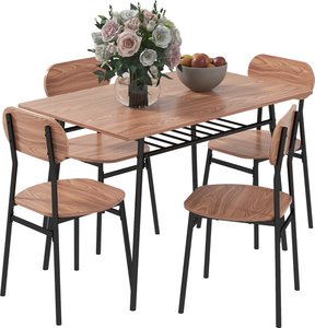 Set mit Esstisch und 4 Stühlen, Küchentisch mit Ablage, Teak, Stahl, Esszimmermöbel  Aosom.de