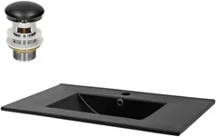 Waschbecken inkl. Ablaufgarnitur mit Überlauf 81x47x17,5 cm Schwarz matt aus Keramik ML-Design