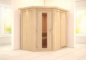 Sauna CARIN 151 x 196 m ohne Ofen mit Dachkranz Energiespartür