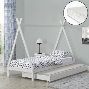 [en.casa] Kinderbett mit Ausziehbett Cree 90x200 cm Tipi mit Kaltschaummatratze Holz Weiß