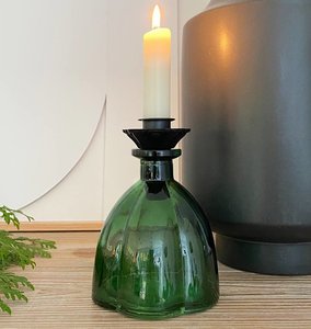Vase Glas Grün mit Kerzenhalteraufsatz Schwarz Flaschenaufsatz Vintage Dekovase