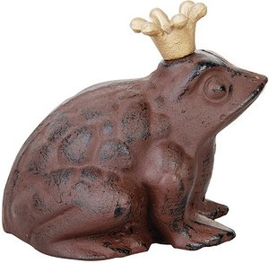 Dekofigur Froschkönig Figur Frosch mit Krone Rustikal Gusseisen Antik-Braun