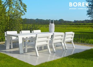 Garten Esstisch Garnitur von Borek - Aluminium weiß - 6 Gartenstühle & Tisch - Viking Sitzgruppe / Weiß