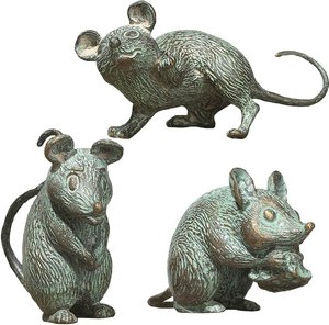Set aus 3 Bronze Mausfiguren als Gartendekoration - Mäuse Set