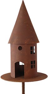 Vogelhaus auf runder Platte aus Rost Metall  - Carvium / 45x22cm (HxDm)