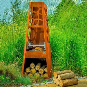 Kamin in rost für den Garten mit Grillfunktion und Ablage für Feuerholz - Turek Gartengrill