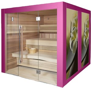 Komfortable Indoor Sauna für 6 bis 8 Personen in Farbe nach Wahl - Kija / mit Vorderseite aus Glas / Finnische Sauna + Bio Sauna