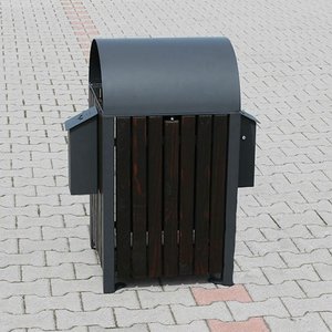 Quadratischer Mülleimer aus Holz und Metall mit Schutzdach und Aschenbecher - Haukur / Zwei Aschenbecher