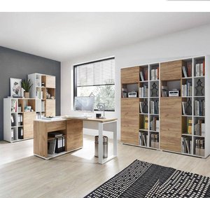 Büromöbel Kombination in weiß mit Navarra Eiche Nb. GENT-01 Schreibtisch mit Sideboard & Aktenschränke BxHxT: 340x197x40cm