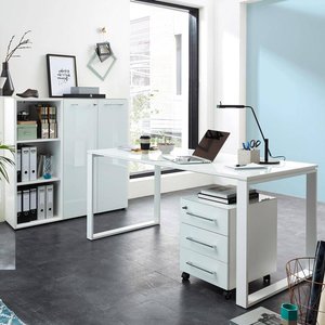 Büromöbel Set in weiß MONTERO-01 mit Glasfronten & Schreibtisch mit Glasplatte