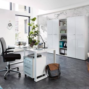 Büromöbel Set mit weißen Glasfronten MONTERO-01 Design Schreibtisch mit Glasplatte
