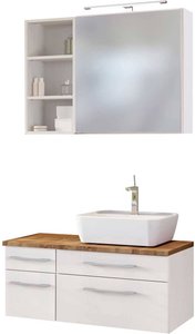 Badmöbel Set inklusive LED-Spiegelschrank 90 cm & Keramik Aufsatzwaschbecken Rechts TAREE-03, matt weiß