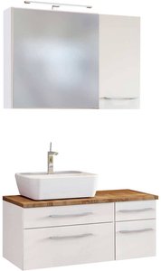 Badmöbel Set inkl. LED-Spiegelschrank 90 cm & Keramik Aufsatzwaschbecken Links TAREE-03 in matt weiß