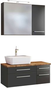 Badmöbel Set inkl. LED-Spiegelschrank 90 cm & Keramik Aufsatzwaschbecken Links TAREE-03 in matt grau