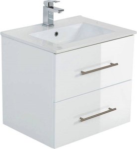Badezimmer Waschplatz HELLA-02 in weiß Hochglanz mit Unterschrank und Keramik Waschbecken, B/H/T ca. 60,5/54/46,3 cm