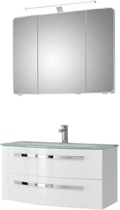 Badezimmer Waschplatz-Set FES-4005-66 Möbel in Hochglanz Lack Polarweiß, Waschbecken & Spiegelschrank - B/H/T: 92/200/49,1cm