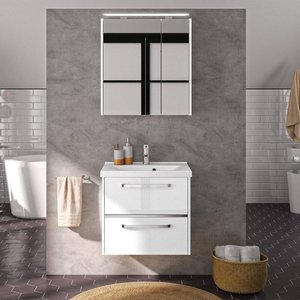 Badezimmer-Waschplatz FES-3050-66 Waschtischunterschrank in Hochglanz weiß mit Mineralguss Waschbecken - B/H/T: 66/200/43cm