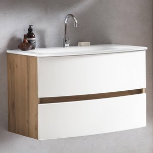 Badezimmer Waschtisch 80 cm Wotaneiche Nb. mit matt weiß LAURIA-03 inkl. Glaswaschbecken weiß, BxHxT: ca. 80x53x49 cm
