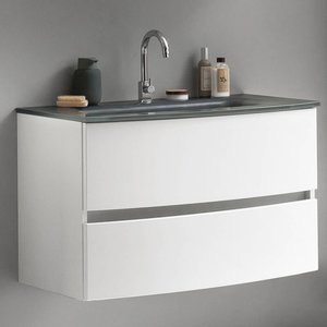 Badezimmer Einzelwaschtisch 80 cm matt weiß LAURIA-03 inkl. Glaswaschbecken grau, BxHxT: ca. 80x53x49 cm