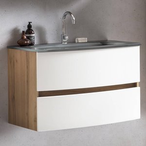 Badezimmer Waschtisch 80 cm Wotaneiche Nb. mit matt weiß LAURIA-03 inkl. Glaswaschbecken grau, BxHxT: ca. 80x53x49 cm