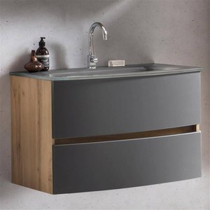 Waschtisch Badezimmer 80 cm Wotaneiche Nb. mit matt grau LAURIA-03 inkl. Glaswaschbecken grau, BxHxT: ca. 80x53x49 cm