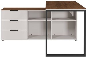 Schreibtisch Winkelschreibtisch mit integriertem Regal ALVESTA-01 in Kaschmir beige und Nussbaum Nb., B/H/T: ca. 145/74/145,5 cm