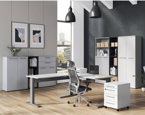 Arbeitszimmer Büromöbel Set mit Winkelschreibtisch AURAY-01 in Lichtgrau mit Silber, Graphit