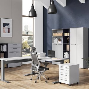 Büromöbel Set mit Winkelschreibtisch AURAY-01 in Lichtgrau mit Silber, Graphitgrau