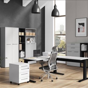 Büromöbel Set abschließbare Aktenschränke, höhenverstellbarer Schreibtisch AURAY-01 in Lichtgrau mit Schwarz, Graphit