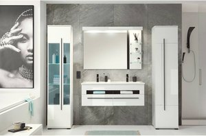 Badezimmer Kombination mit Doppelwaschbecken und Beleuchtung CHARLESTON-61 in Hochglanz weiß, B/H/T: ca. 230/200/45 cm