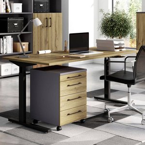 Büromöbel Set Schreibtisch mit Rollcontainer PRATO-01 in graphit mit Grandson Eiche Nb., B/H/T: ca. 160/80/80 cm