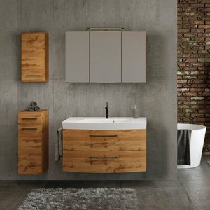 Badezimmer Waschtisch Set mit Spiegelschrank in Wotan Eiche inkl. Waschbecken, B/H/T: ca. 160/200/50 cm