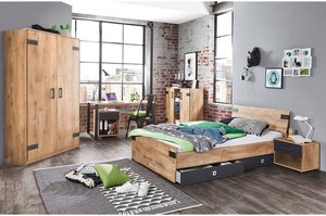 Jugendzimmer Set mit Bett in 120cm Breite EVERTON-43 Kleiderschrank 90cm und Schreibtisch mit Rollcontainer