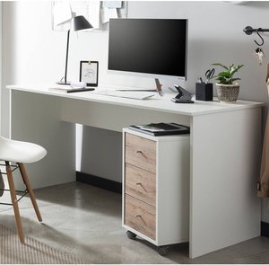 Büro Schreibtisch inkl. Rollcontainer BRAGA-80 in weiß mit Wildeiche Nb., B/H/T: ca. 150/73,6/65 cm
