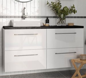 Badmöbel Waschtisch Set in weiß Hochglanz lackiert mit Waschtischplatte in Beton-Dunkel mit Metallgriffen in schwarz MESSINA-107, B/H/T ca. 120/72,5/46 cm
